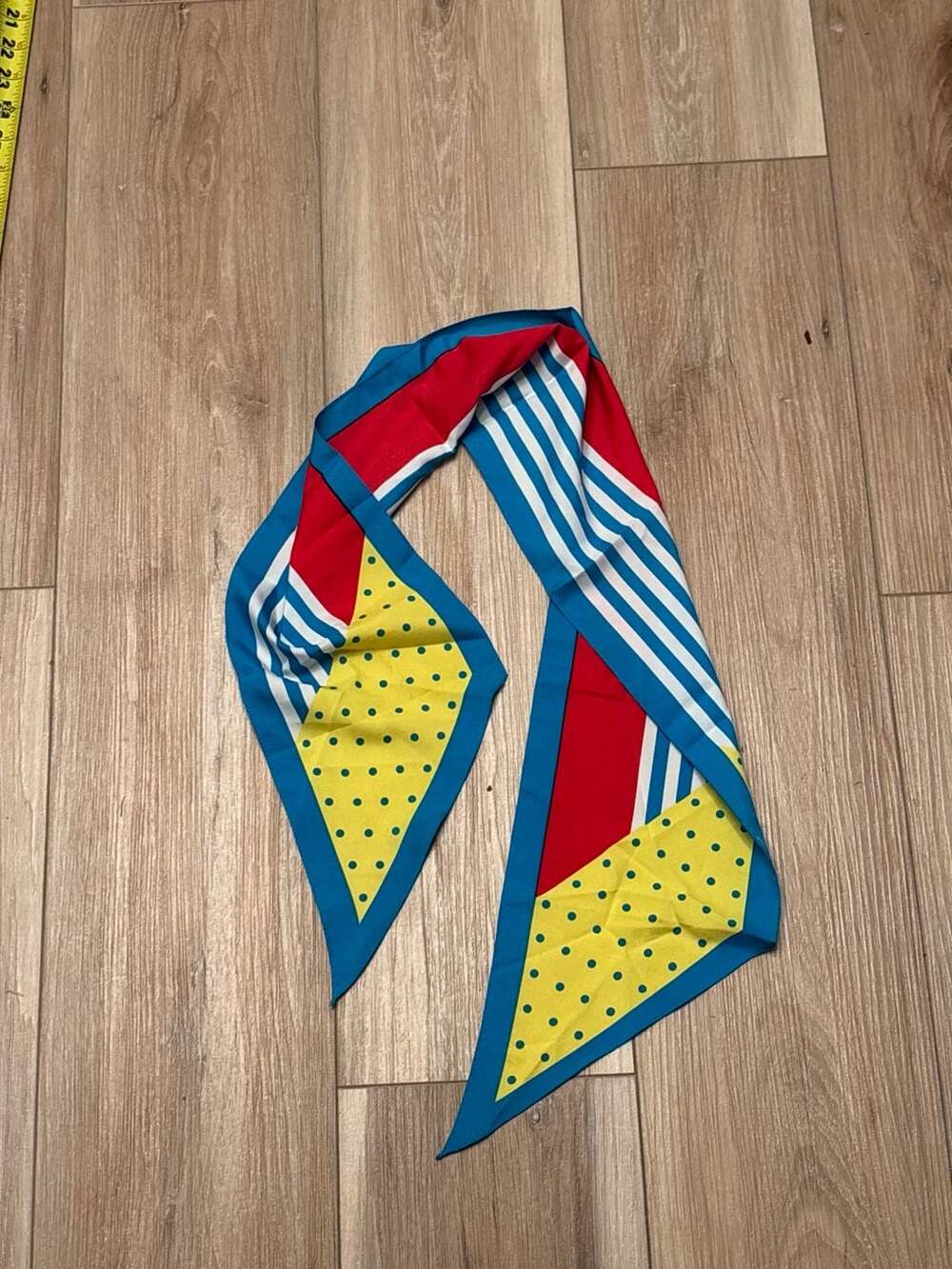 Geometric Print Silk Scarf Red Blue Yellow Striped Polka Dot